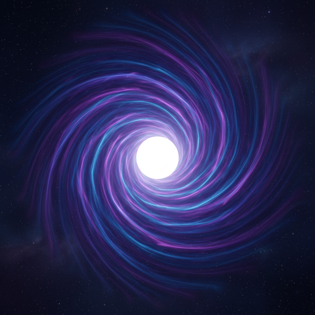 A swirling vortex of energy in shades of purple and blue, with a single, clear light at its center, representing spiritual cl