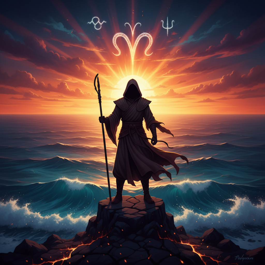 A warrior-monk silhouette standing against a sunset, representing the Neptune in Aries archetype