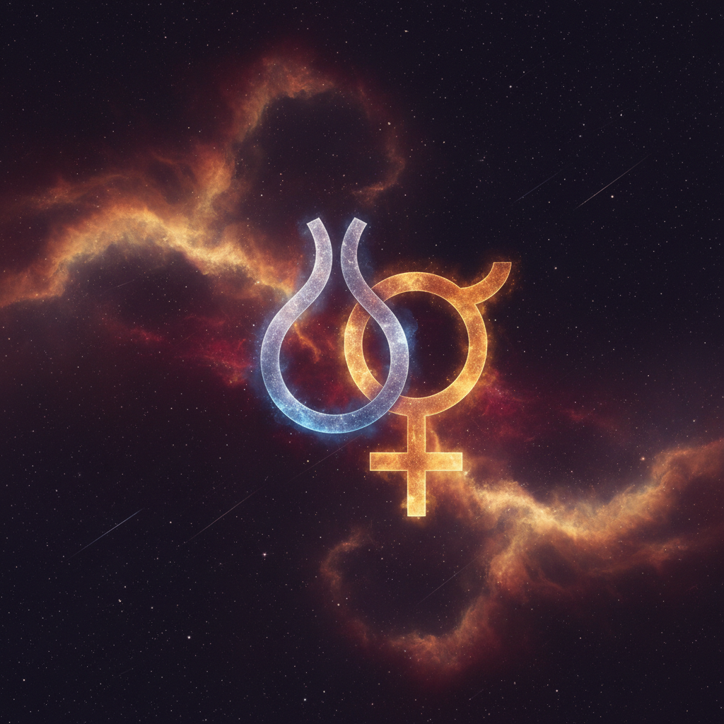 A mystical illustration of the North Node symbol intertwined with the Venus symbol against a backdrop of deep space and swirl