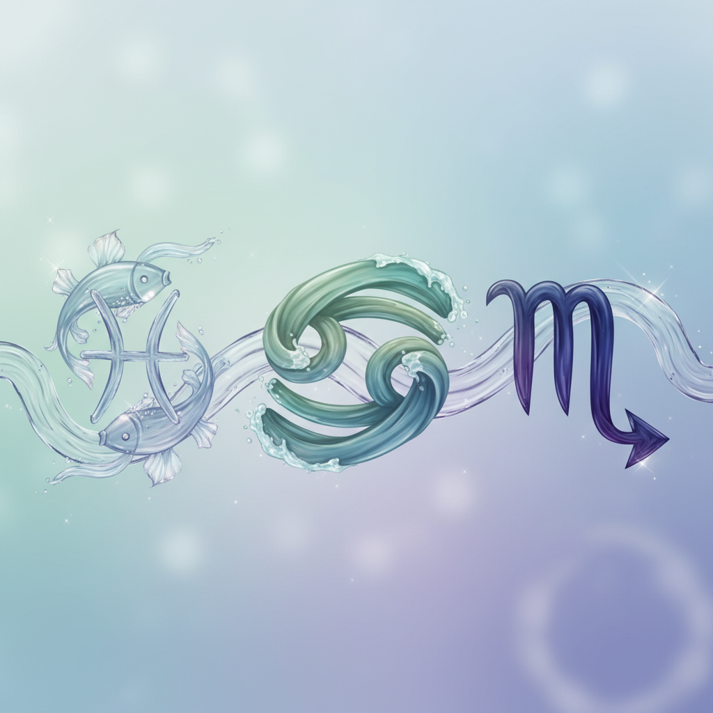 Three distinct astrological symbols (Pisces, Cancer, Scorpio) stylized with water elements, flowing lines, and soft colors, r