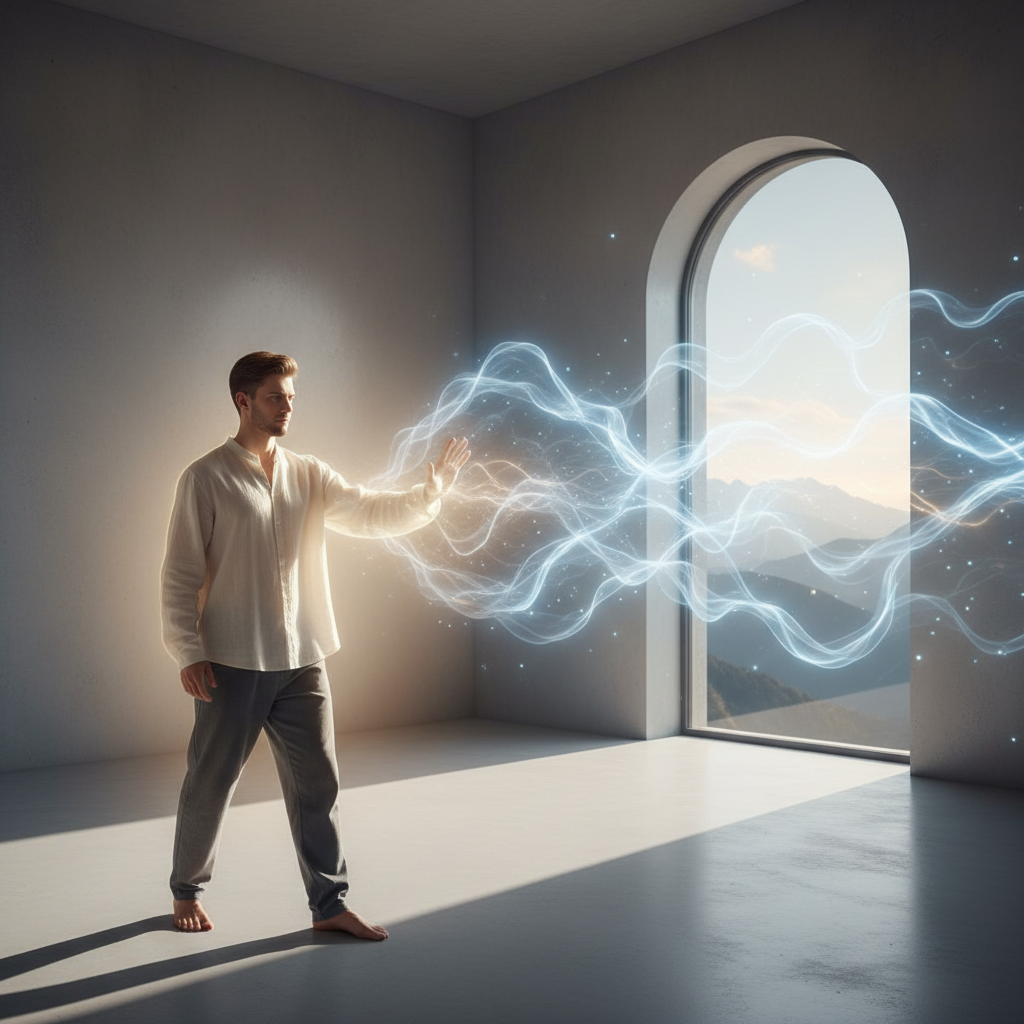 A person gently pushing away a translucent, swirling cloud of energy, symbolizing setting boundaries. Soft, protective light 