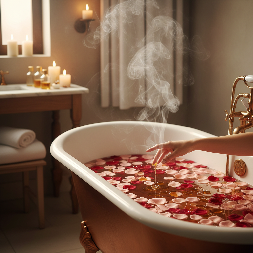 A person's hand reaching into a luxurious bath filled with rose petals and essential oils, steam rising. Soft, ambient lighti