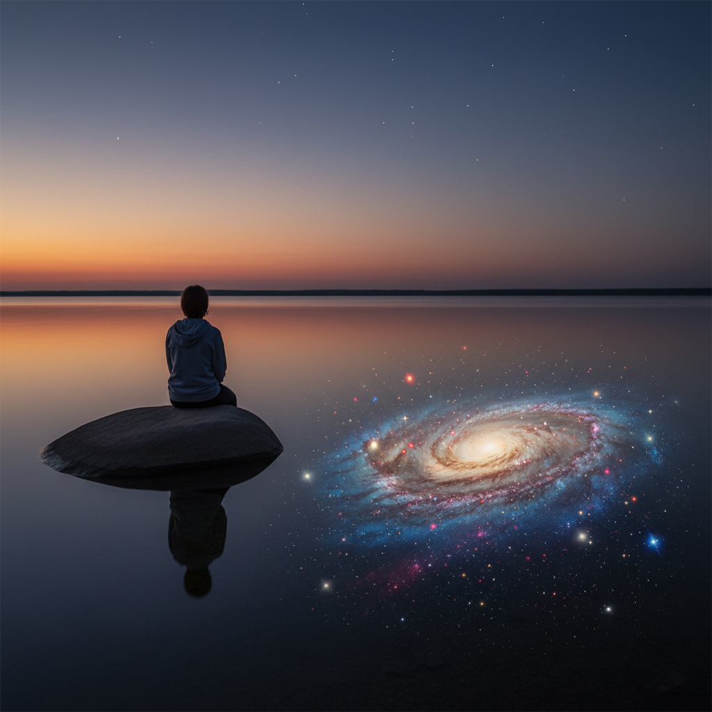 A person sitting by a calm lake at twilight looking at their reflection which shows a celestial galaxy