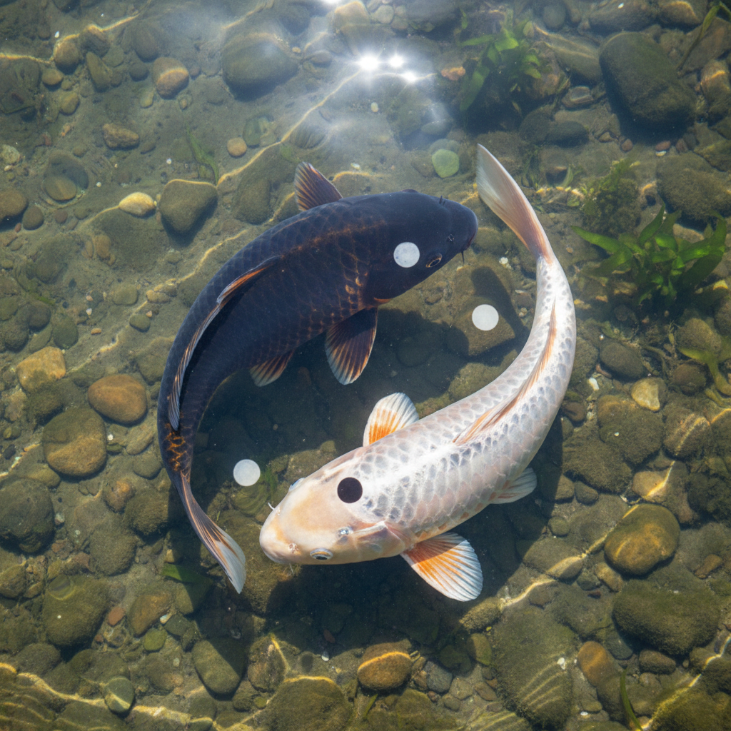 Two koi fish swimming in a circle, one dark and one light, creating a yin-yang symbol in clear water