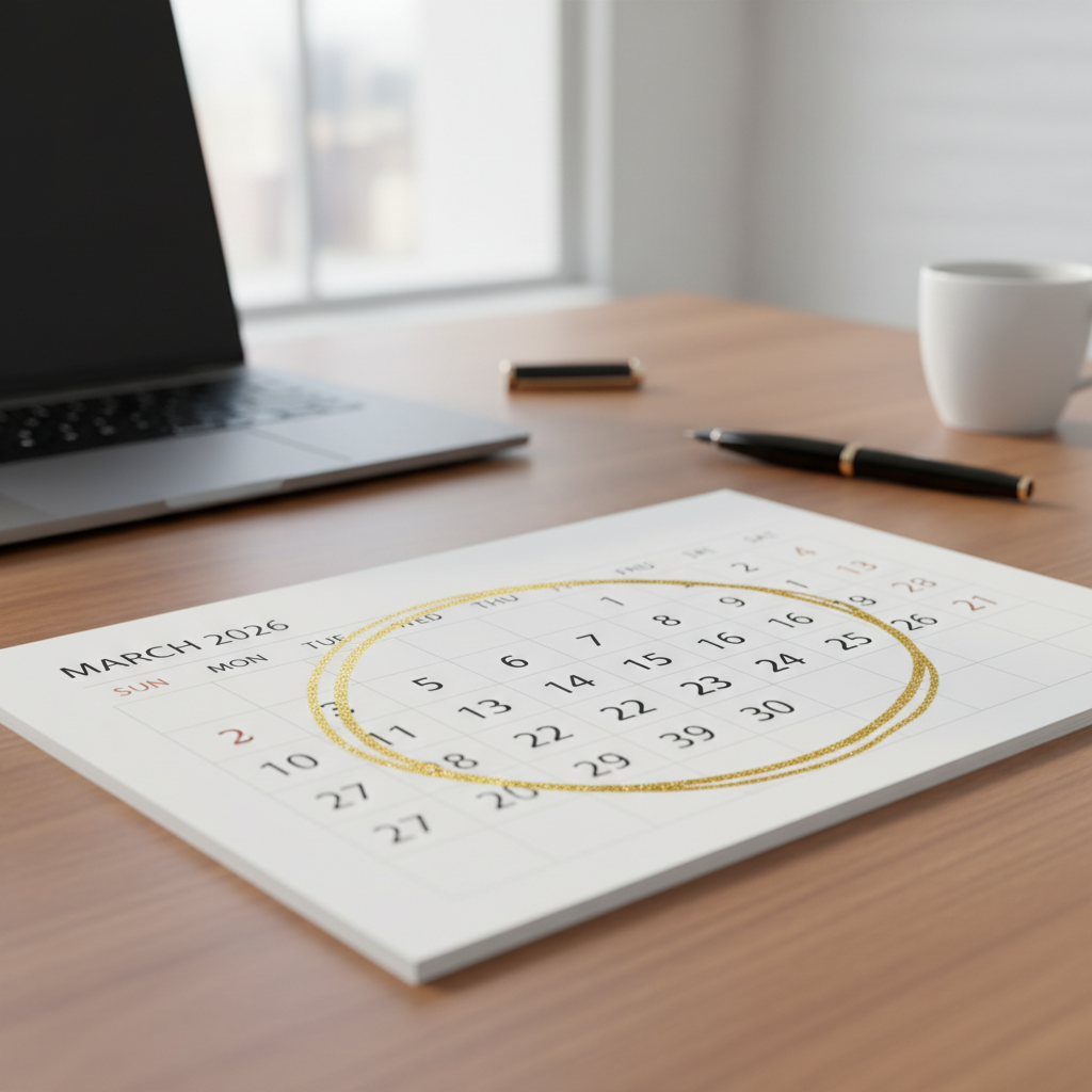 A calendar page for March 2026 with March 10-12 circled in gold ink.