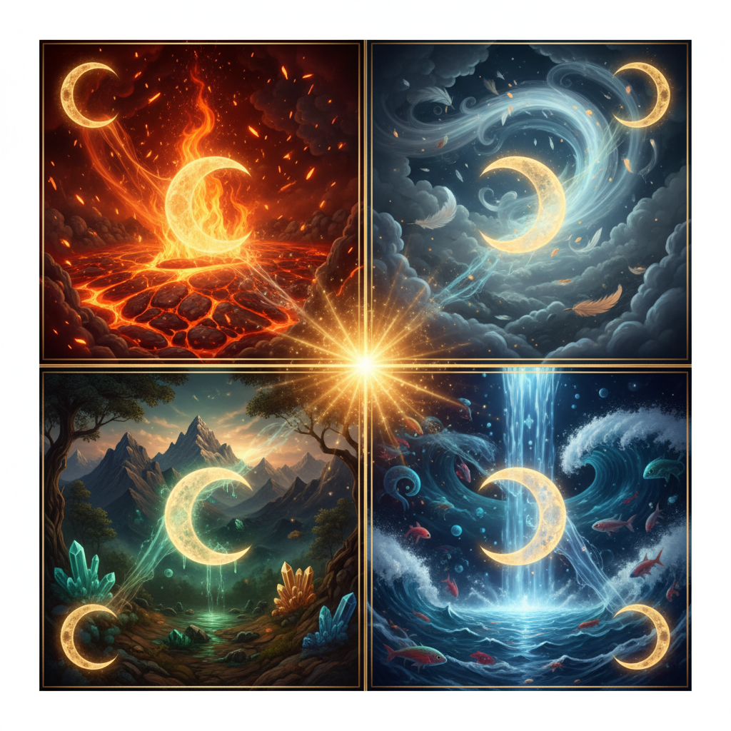 A collage of the four astrological elements being energized by a golden lunar light.