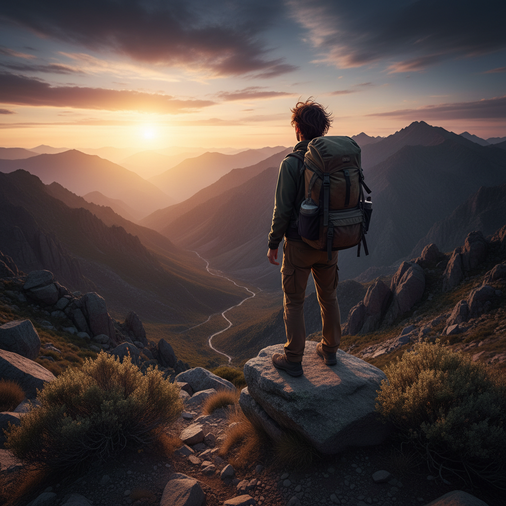 A person looking at a vast mountain range with a backpack, representing the Sagittarian spirit of adventure.