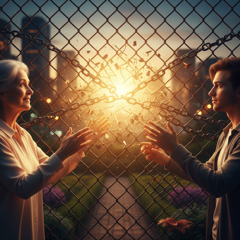 Golden light flowing between two people of different generations, breaking a dark chain link
