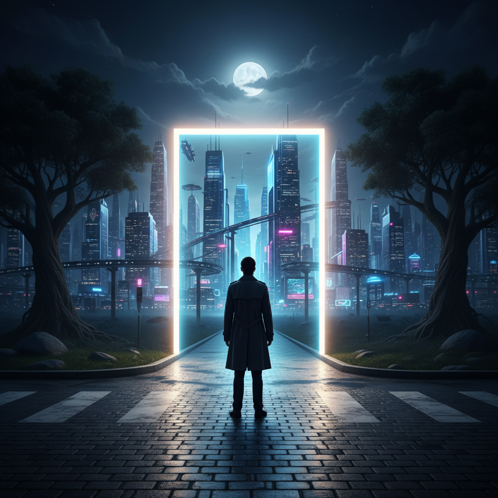 A person standing at a crossroads at night with a glowing door opening toward a futuristic city