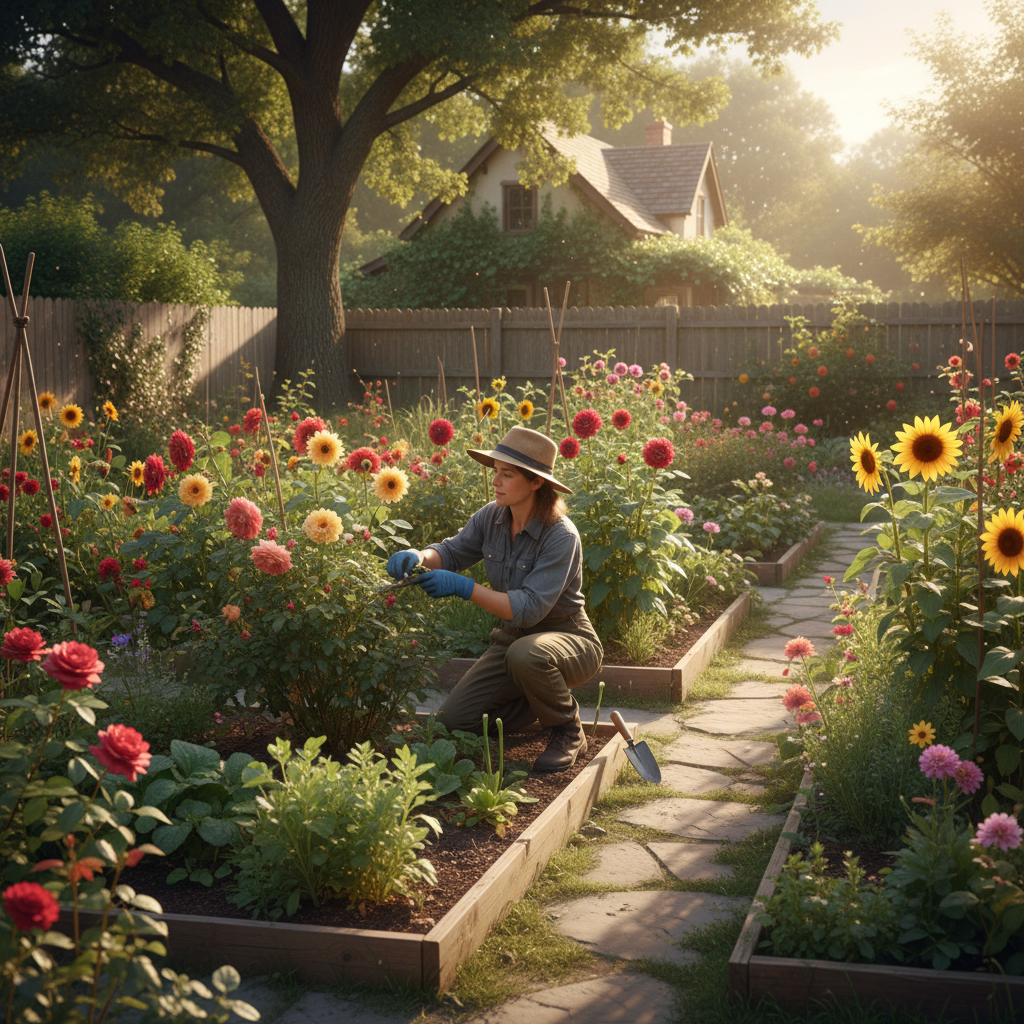 A person tending to a thriving garden with lush plants and blooming flowers, symbolizing grounded growth and abundance. The s