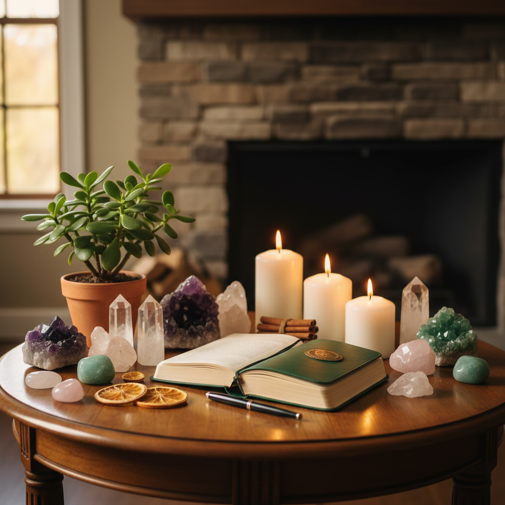 A beautifully arranged abundance altar with crystals, candles, a small plant, and a prominent journal for intentions. Soft, w