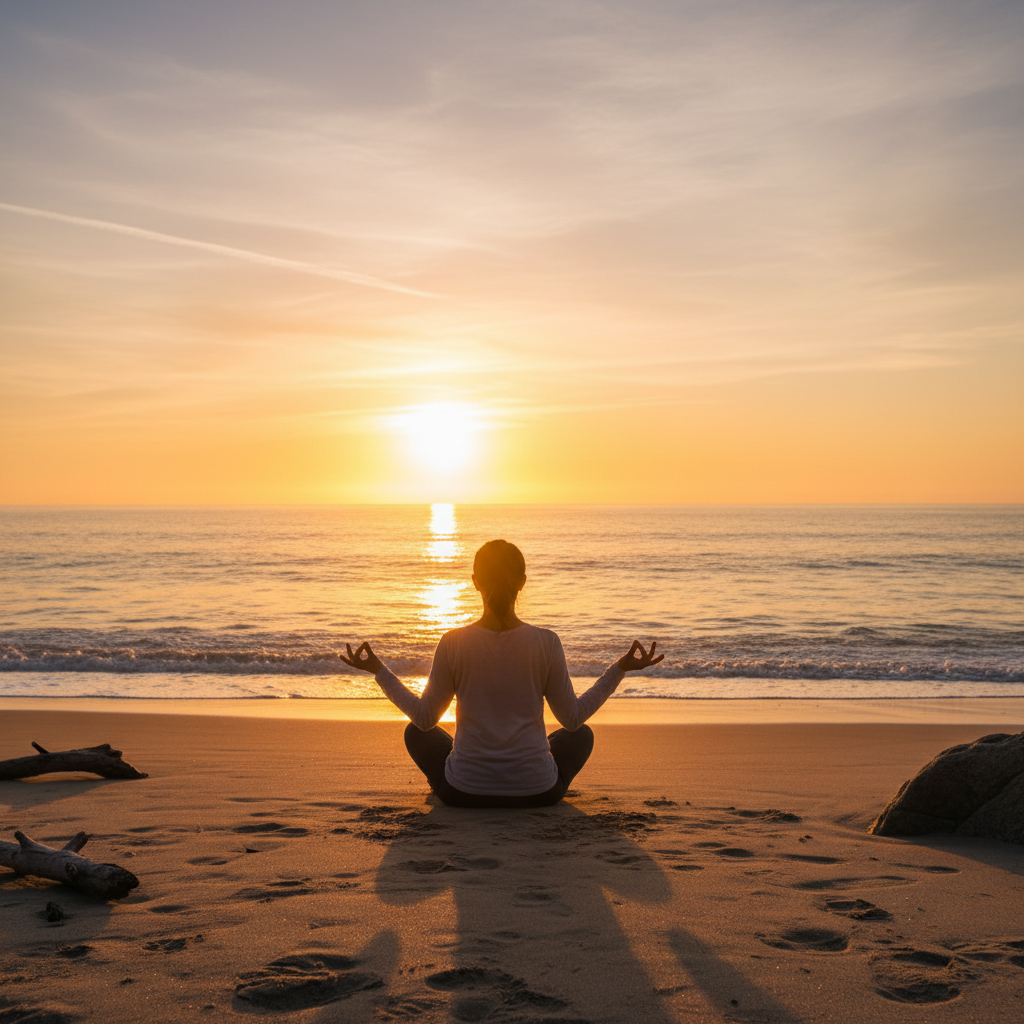 A person seated in a meditative pose on a beach at sunrise, holding their hands in a gesture of receiving, with the sun just