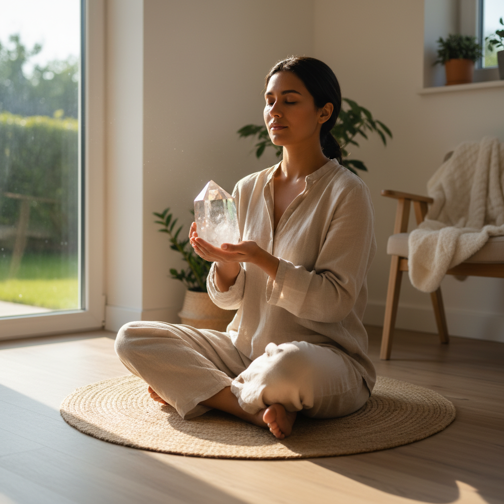 A person holding a clear quartz crystal during a serene morning meditation practice, with soft sunlight streaming in through