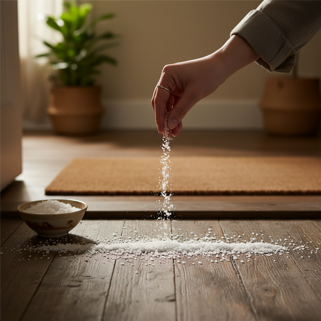 A hand sprinkling sea salt across a wooden doorstep for energetic protection.