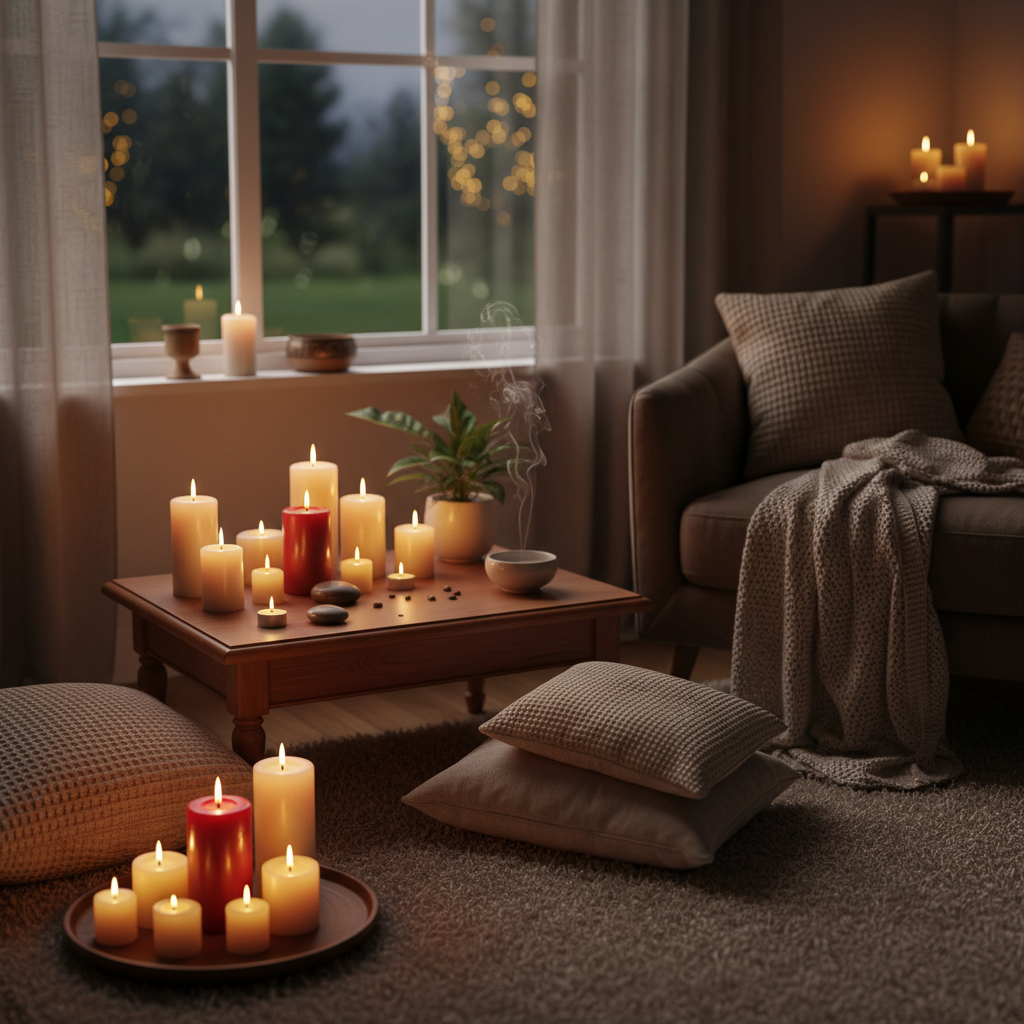A cozy, dimly lit room with candles, soft blankets, and a small altar near a window.