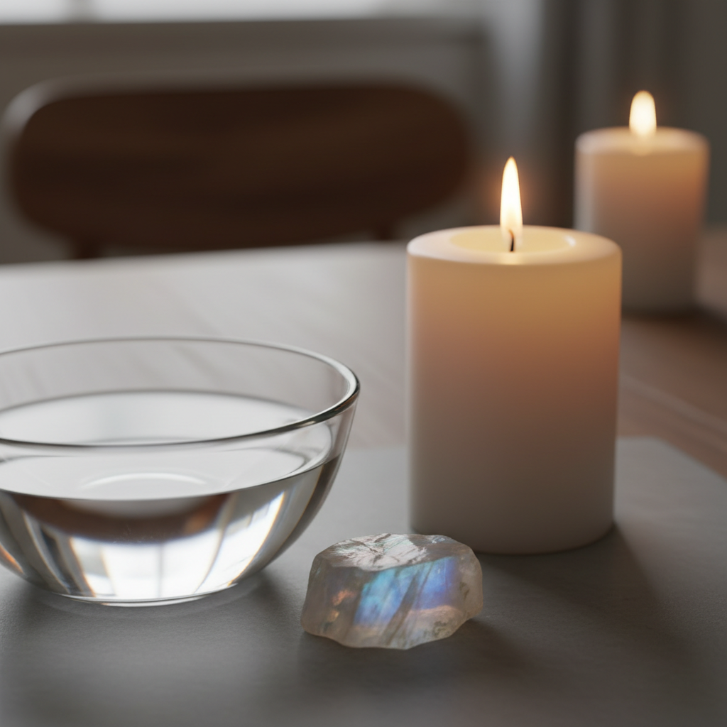 A close-up of a lit candle next to a bowl of water and a piece of moonstone.