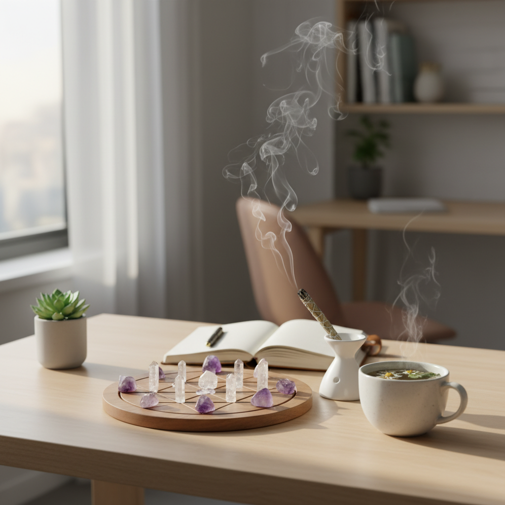 A neatly organized desk at dawn, with a burning sage smudge stick, a crystal grid, a journal, and a cup of herbal tea. Focus 