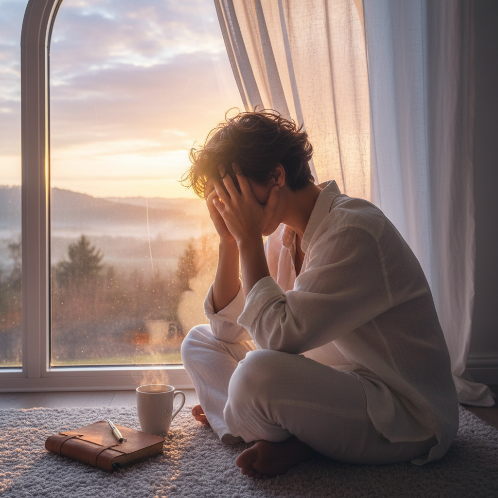 A person sitting cross-legged by a window during sunrise, gently holding their head, with a journal and pen beside them. The 