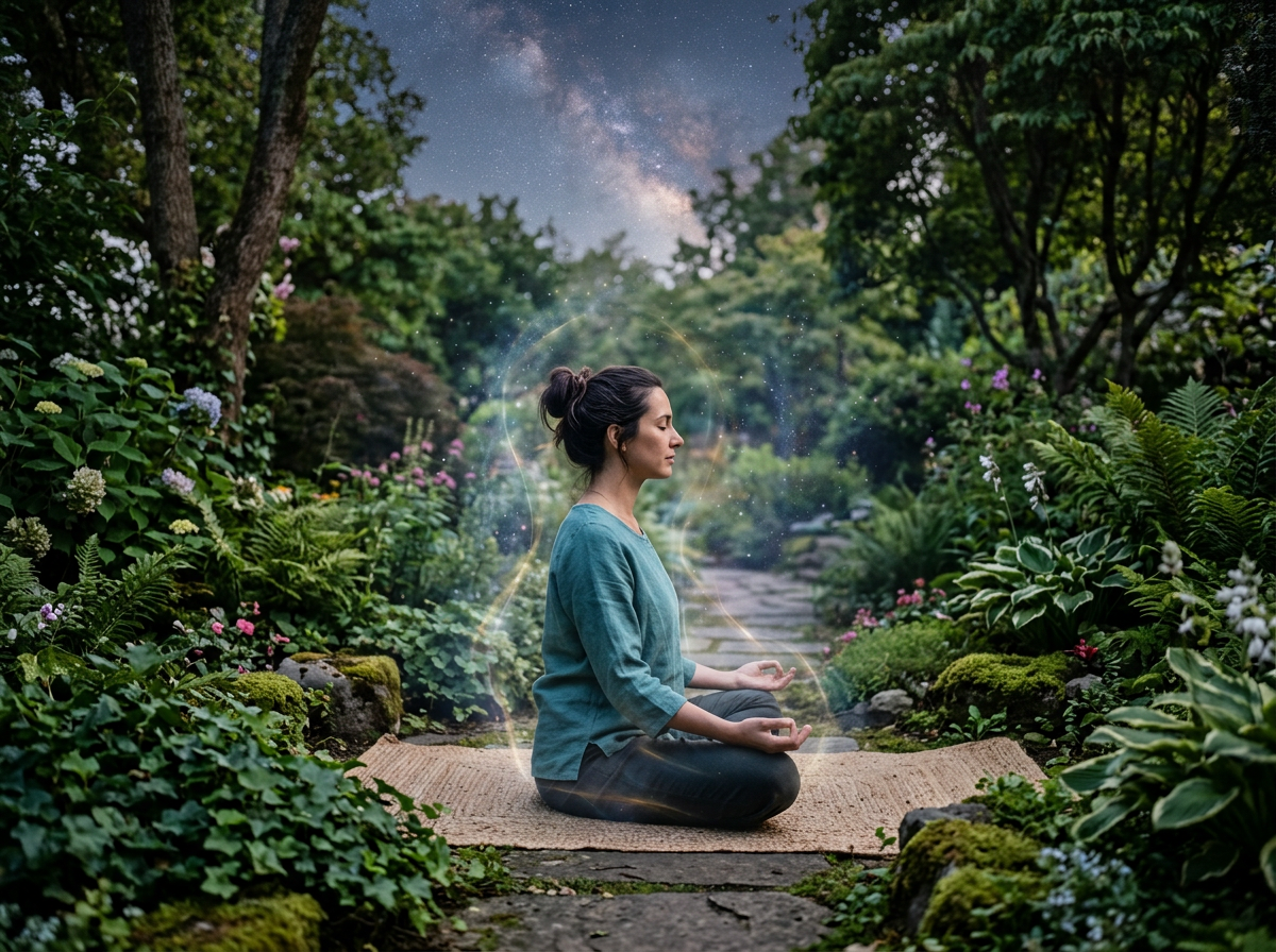 A person meditating in a lush, green garden with subtle cosmic elements like faint starlight and shimmering auras around them