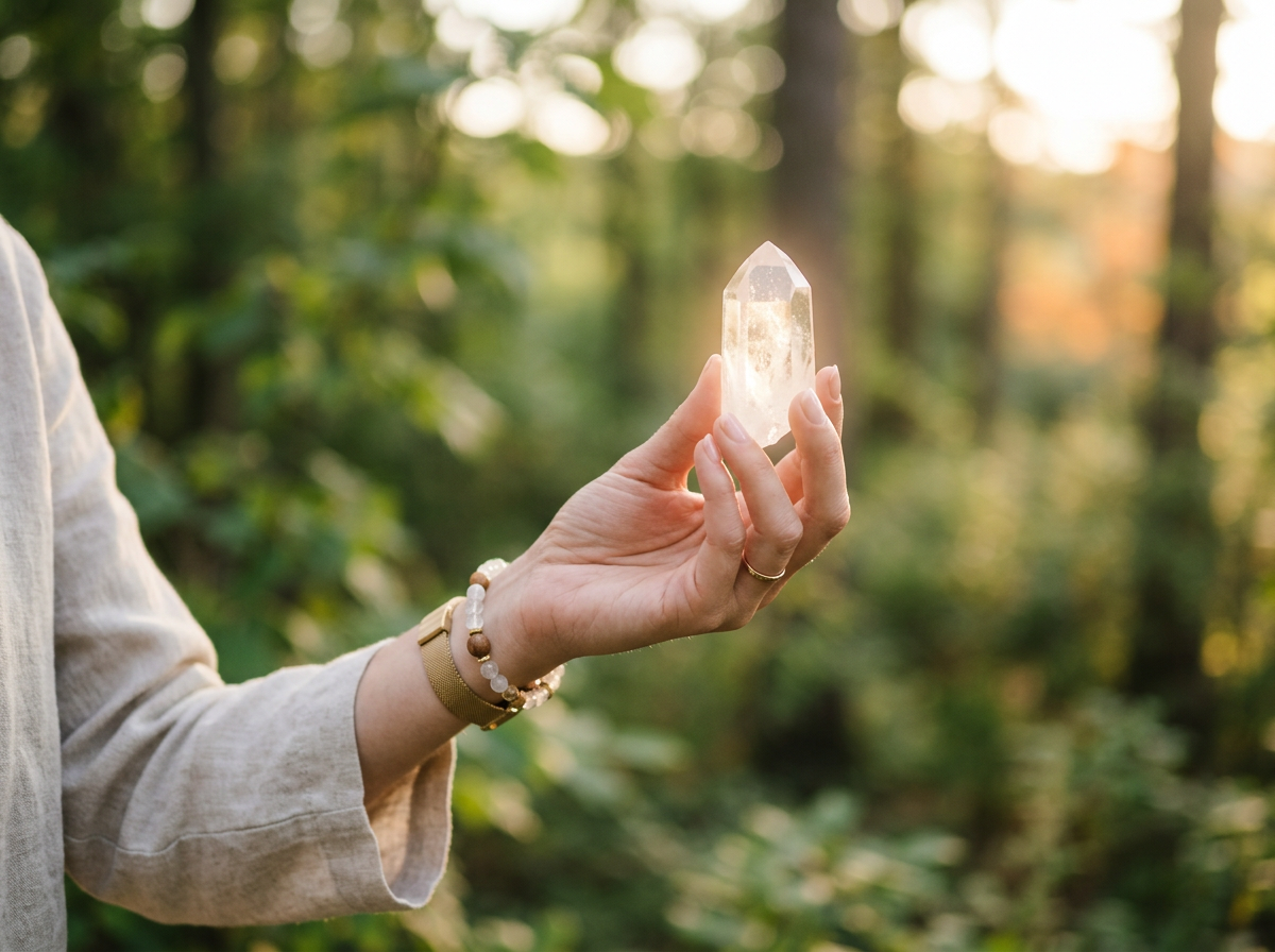 A person's hand holding a clear quartz crystal, with a subtle glow around it, symbolizing the harnessing of intuition and spi