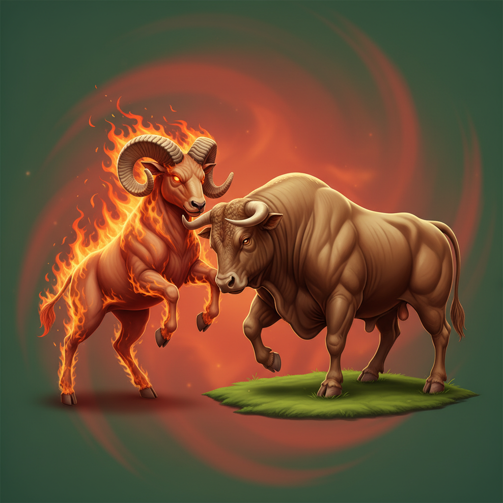 A beautifully illustrated image showing a charging ram (Aries symbol) with flames around it, being gently calmed and grounded