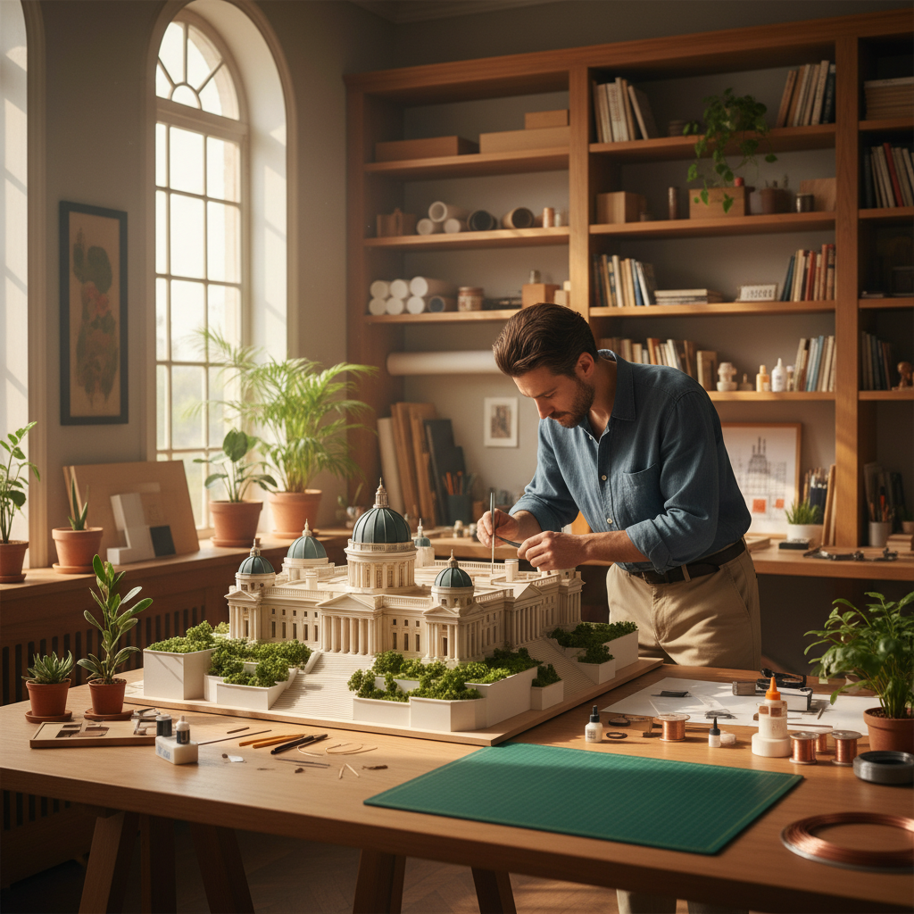 A person meticulously working on a detailed architectural model in a beautifully lit, organized studio, symbolizing Taurus's 
