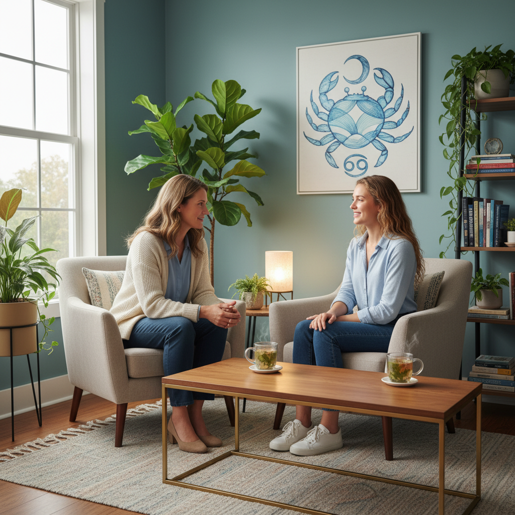 A compassionate professional counselor actively listening to a client in a warm, inviting office setting, reflecting Cancer's