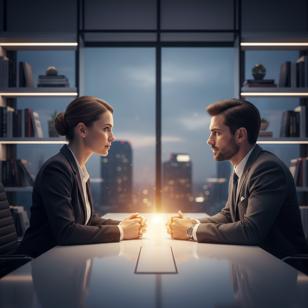 Two people engaged in a focused, assertive conversation, maintaining eye contact in a professional setting, with a subtle glo