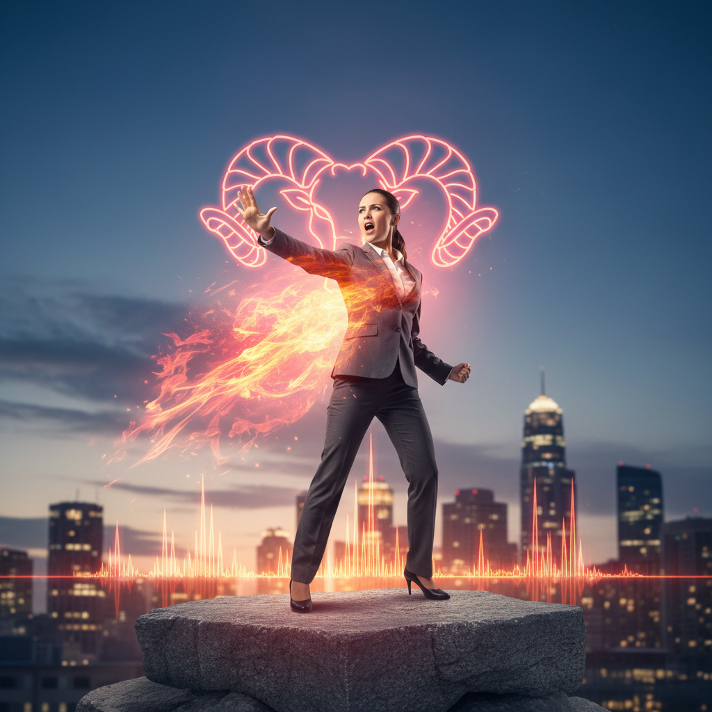 A person confidently standing, projecting their voice with a determined expression, surrounded by a subtle aura of red and or