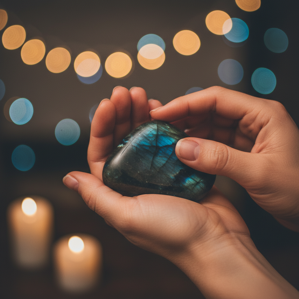 A close-up of a person's hands holding a smooth, dark crystal, possibly Labradorite or Obsidian, with a blurry background of