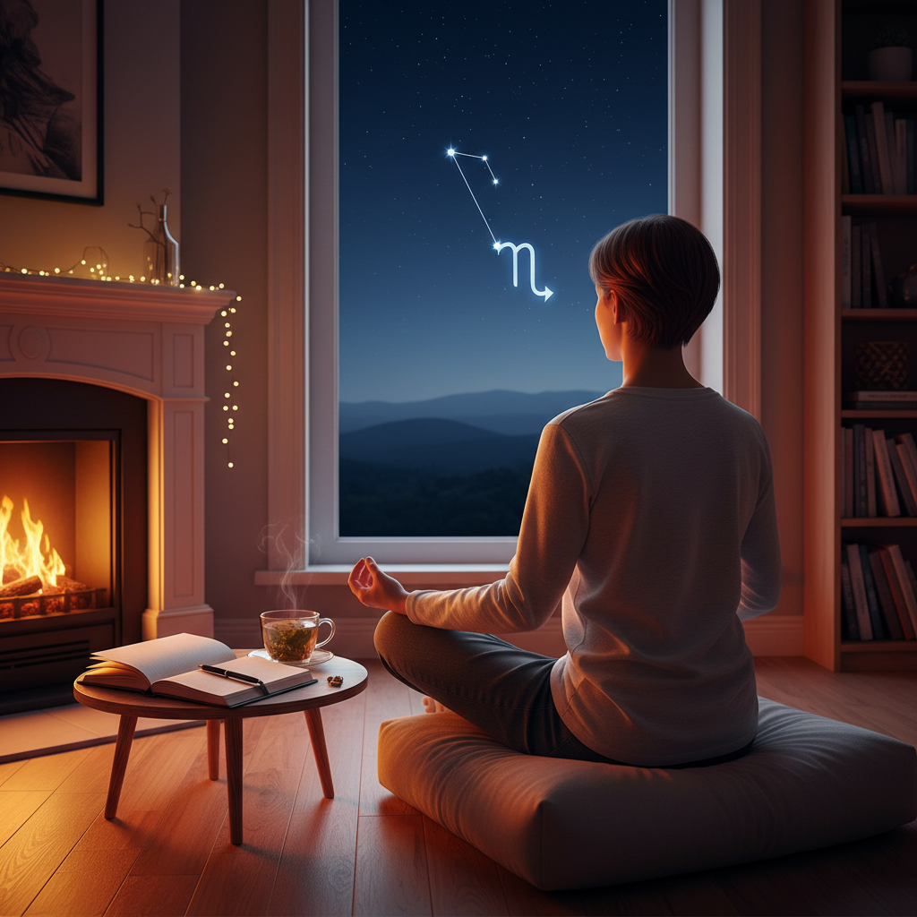 A person quietly meditating by a window at dusk, a journal open beside them, with a warm, comforting glow in the room and a v