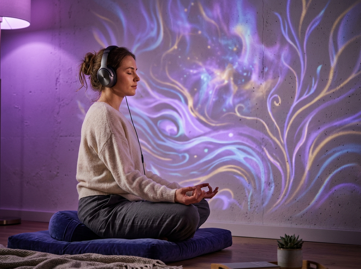 A person is meditating with headphones on, bathed in soft, purple light, while abstract, flowing patterns of light are projec