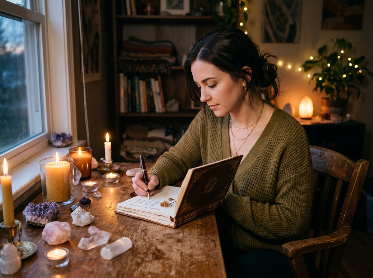 A person sits in a dimly lit room, illuminated by soft candlelight and the glow of crystals, journaling in a beautiful notebo