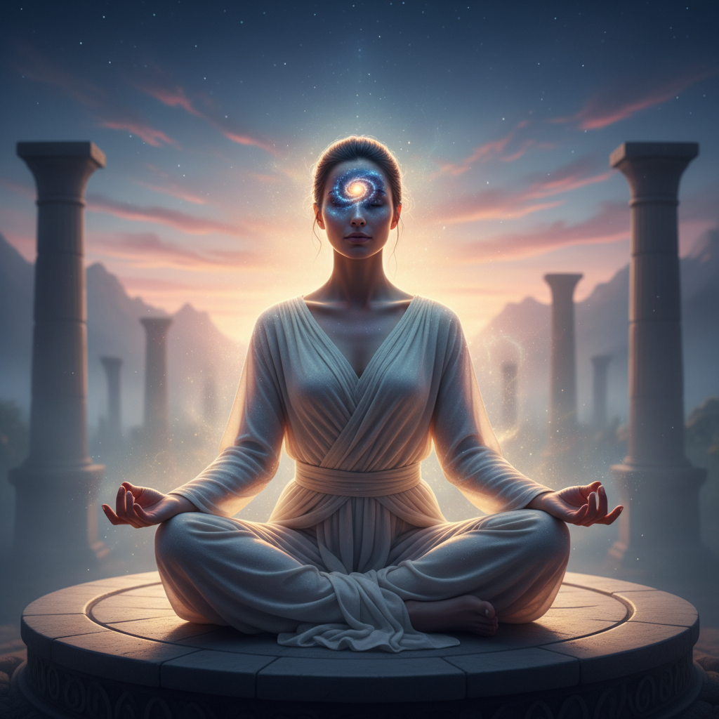A person in a meditative pose, surrounded by a soft, glowing aura, with subtle cosmic patterns reflected in their third eye, 