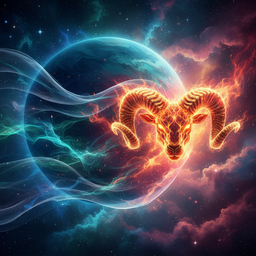 A stylized representation of Neptune, with swirling blue and green energies, partially obscuring a fiery, dynamic ram's head 