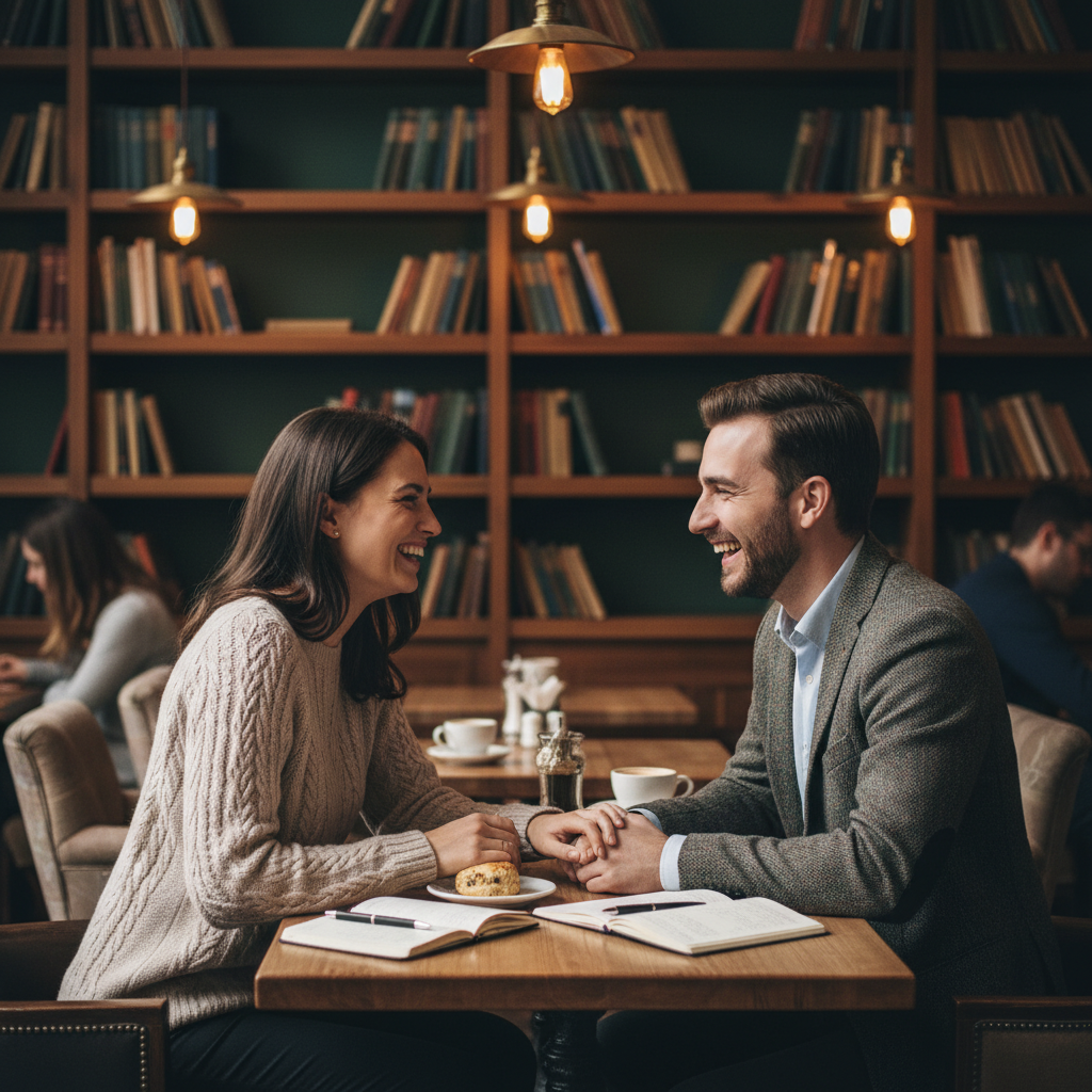 A romantic couple sharing a laugh, with one person gently touching the other's hand, in a setting that evokes both comfort an
