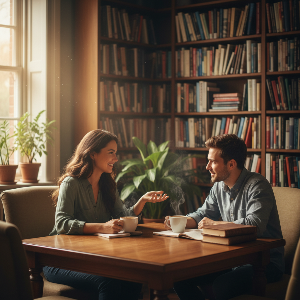 Two individuals engaged in deep conversation over coffee, surrounded by books, symbolizing intellectual connection and comfor