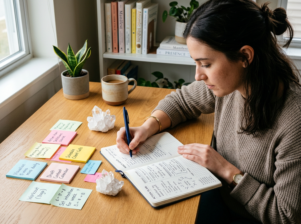 Someone intently writing in a detailed planner, surrounded by sticky notes with tasks, a clear quartz crystal, and a focused 