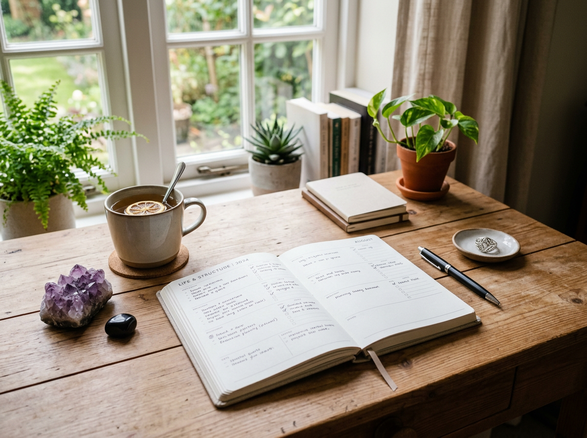 A beautifully organized desk with a planner, a crystal, a cup of herbal tea, and a pen, bathed in soft, natural light, symbol